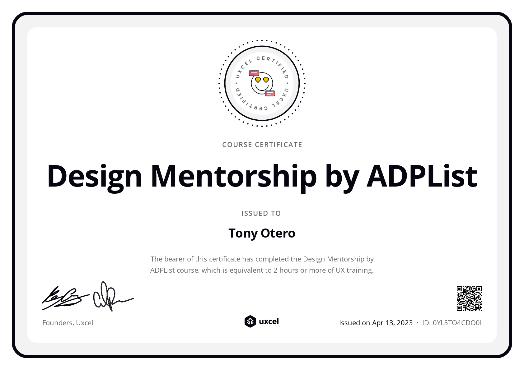Tony Otero's certificate